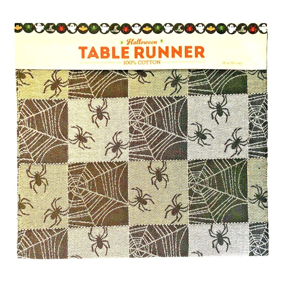 Nantucket Halloween Table Runner Black Gray Spider Webs Spooky Scary 14x36"